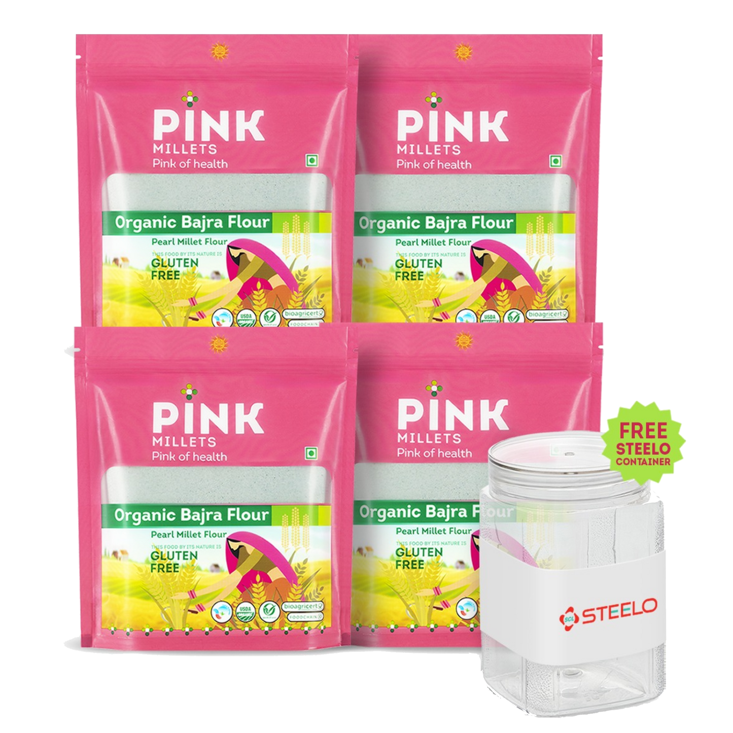 Organic Bajra Flour - Combo Pack of 4 with Free 750ML Steelo Jar